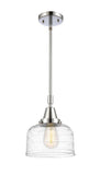 447-1S-PC-G713 Stem Hung 8" Polished Chrome Mini Pendant - Clear Deco Swirl Large Bell Glass - LED Bulb - Dimmensions: 8 x 8 x 11.125<br>Minimum Height : 14.125<br>Maximum Height : 44.125 - Sloped Ceiling Compatible: Yes