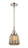 447-1S-PN-G146 Stem Hung 7" Polished Nickel Mini Pendant - Mercury Plated Chatham Glass - LED Bulb - Dimmensions: 7 x 7 x 9.125<br>Minimum Height : 12.125<br>Maximum Height : 42.125 - Sloped Ceiling Compatible: Yes