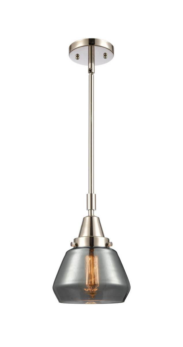 447-1S-PN-G173 Stem Hung 7" Polished Nickel Mini Pendant - Plated Smoke Fulton Glass - LED Bulb - Dimmensions: 7 x 7 x 10.125<br>Minimum Height : 13.125<br>Maximum Height : 43.125 - Sloped Ceiling Compatible: Yes