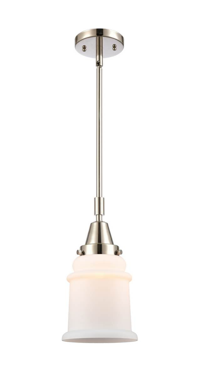 447-1S-PN-G181 Stem Hung 6.5" Polished Nickel Mini Pendant - Matte White Canton Glass - LED Bulb - Dimmensions: 6.5 x 6.5 x 11.125<br>Minimum Height : 14.125<br>Maximum Height : 44.125 - Sloped Ceiling Compatible: Yes