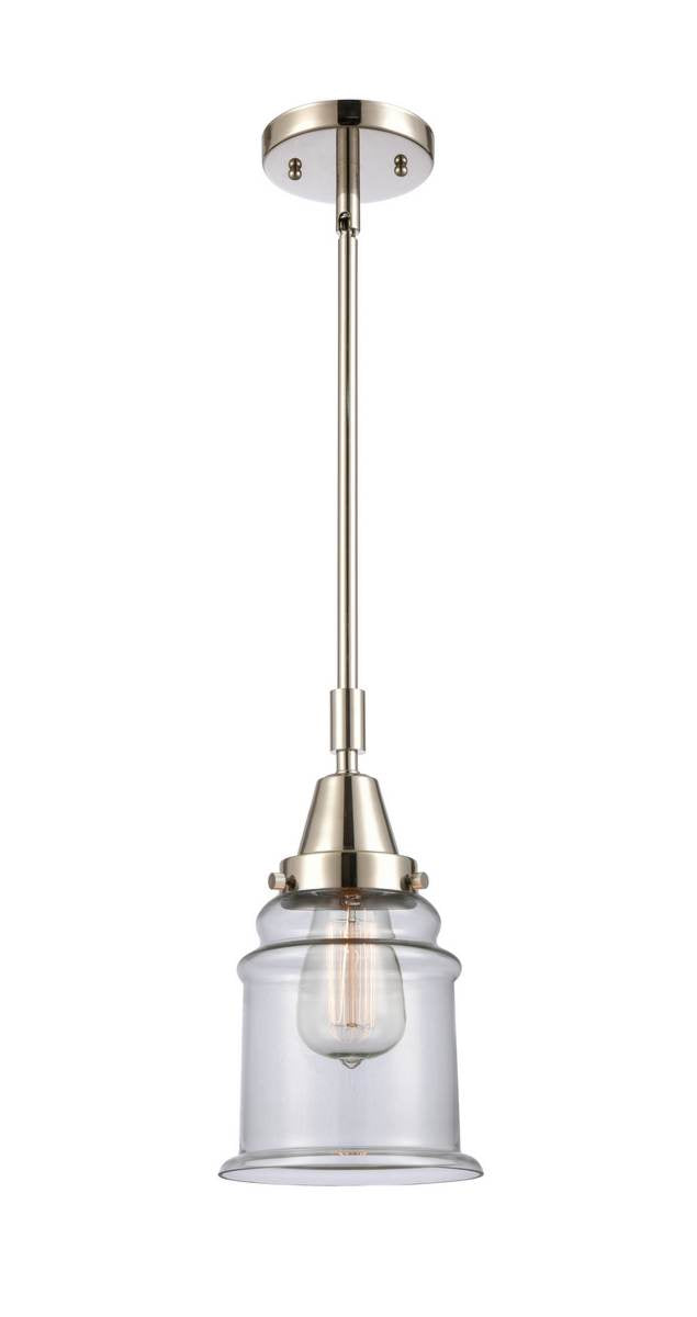 447-1S-PN-G182 Stem Hung 6.5" Polished Nickel Mini Pendant - Clear Canton Glass - LED Bulb - Dimmensions: 6.5 x 6.5 x 11.125<br>Minimum Height : 14.125<br>Maximum Height : 44.125 - Sloped Ceiling Compatible: Yes