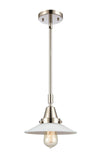 447-1S-PN-G1 Stem Hung 8.5" Polished Nickel Mini Pendant - White Halophane Glass - LED Bulb - Dimmensions: 8.5 x 8.5 x 9.125<br>Minimum Height : 12.125<br>Maximum Height : 42.125 - Sloped Ceiling Compatible: Yes