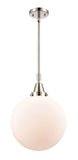 447-1S-PN-G201-12 Stem Hung 12" Polished Nickel Mini Pendant - Matte White Cased Beacon Glass - LED Bulb - Dimmensions: 12 x 12 x 16.125<br>Minimum Height : 19.125<br>Maximum Height : 49.125 - Sloped Ceiling Compatible: Yes