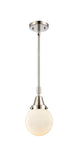 447-1S-PN-G201-6 Stem Hung 6" Polished Nickel Mini Pendant - Matte White Cased Beacon Glass - LED Bulb - Dimmensions: 6 x 6 x 10.625<br>Minimum Height : 13.625<br>Maximum Height : 43.625 - Sloped Ceiling Compatible: Yes