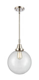 447-1S-PN-G202-10 Stem Hung 10" Polished Nickel Mini Pendant - Clear Beacon Glass - LED Bulb - Dimmensions: 10 x 10 x 14.125<br>Minimum Height : 17.125<br>Maximum Height : 47.125 - Sloped Ceiling Compatible: Yes