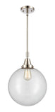 447-1S-PN-G202-12 Stem Hung 12" Polished Nickel Mini Pendant - Clear Beacon Glass - LED Bulb - Dimmensions: 12 x 12 x 16.125<br>Minimum Height : 19.125<br>Maximum Height : 49.125 - Sloped Ceiling Compatible: Yes