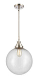 447-1S-PN-G204-12 Stem Hung 12" Polished Nickel Mini Pendant - Seedy Beacon Glass - LED Bulb - Dimmensions: 12 x 12 x 16.125<br>Minimum Height : 19.125<br>Maximum Height : 49.125 - Sloped Ceiling Compatible: Yes