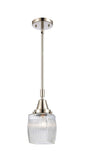 447-1S-PN-G302 Stem Hung 5.5" Polished Nickel Mini Pendant - Thick Clear Halophane Colton Glass - LED Bulb - Dimmensions: 5.5 x 5.5 x 9.625<br>Minimum Height : 12.625<br>Maximum Height : 42.625 - Sloped Ceiling Compatible: Yes
