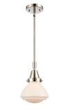 447-1S-PN-G321 Stem Hung 6.75" Polished Nickel Mini Pendant - Matte White Olean Glass - LED Bulb - Dimmensions: 6.75 x 6.75 x 8.875<br>Minimum Height : 11.875<br>Maximum Height : 41.875 - Sloped Ceiling Compatible: Yes