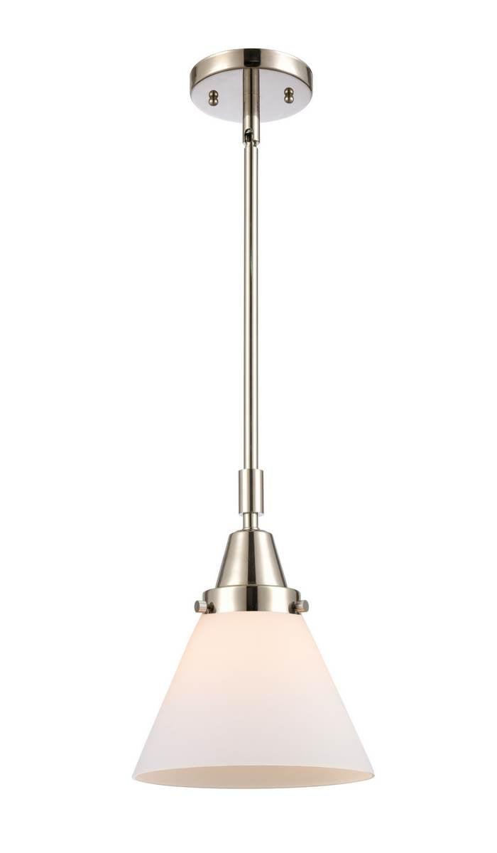 447-1S-PN-G41 Stem Hung 8" Polished Nickel Mini Pendant - Matte White Cased Large Cone Glass - LED Bulb - Dimmensions: 8 x 8 x 11.125<br>Minimum Height : 14.125<br>Maximum Height : 44.125 - Sloped Ceiling Compatible: Yes