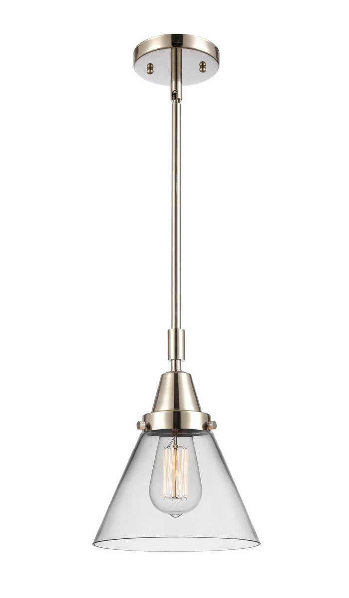 447-1S-PN-G42 Stem Hung 8" Polished Nickel Mini Pendant - Clear Large Cone Glass - LED Bulb - Dimmensions: 8 x 8 x 11.125<br>Minimum Height : 14.125<br>Maximum Height : 44.125 - Sloped Ceiling Compatible: Yes