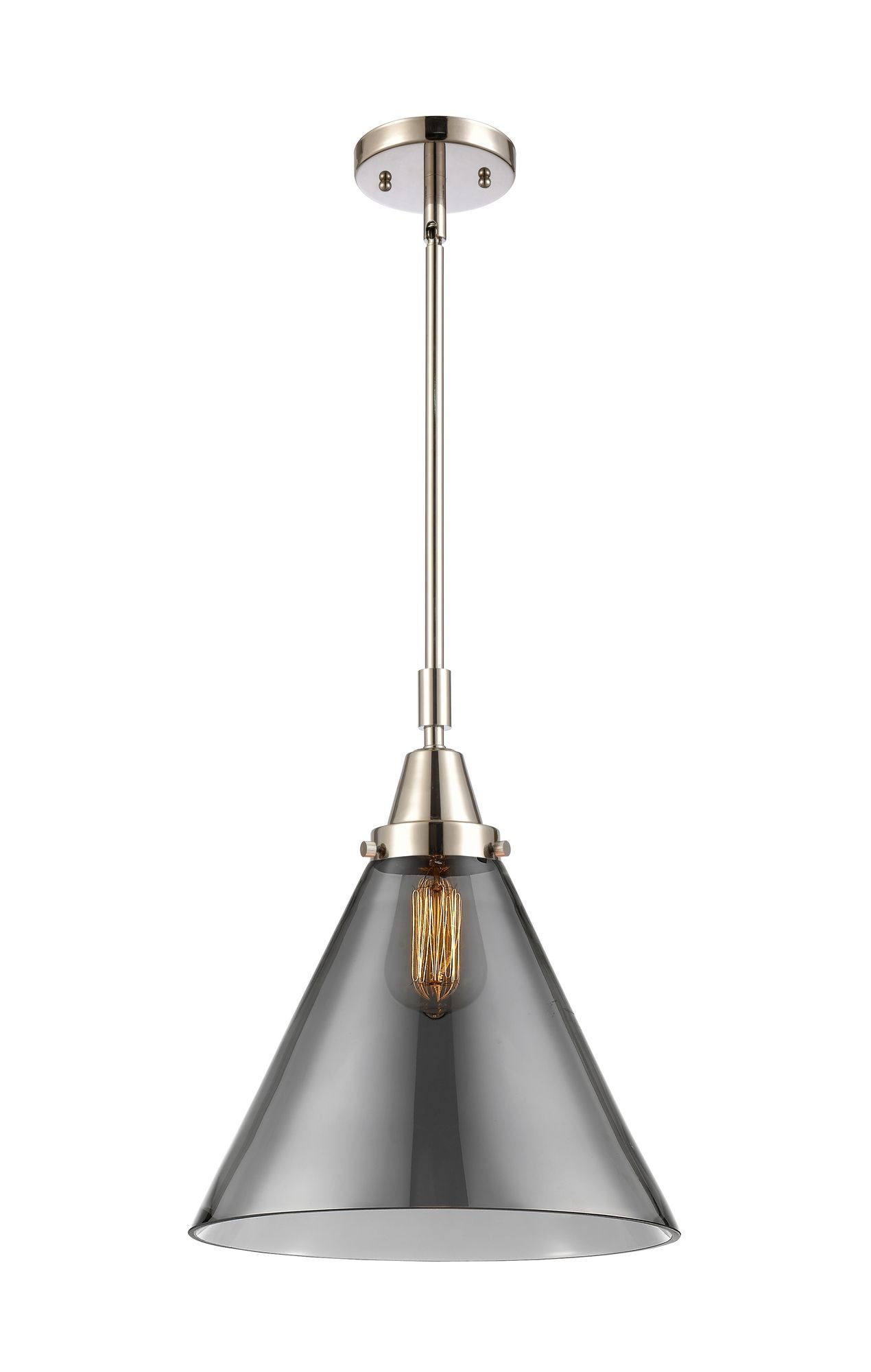 447-1S-PN-G43-L Stem Hung 12" Polished Nickel Mini Pendant - Plated Smoke Cone 12" Glass - LED Bulb - Dimmensions: 12 x 12 x 17.125<br>Minimum Height : 20.125<br>Maximum Height : 50.125 - Sloped Ceiling Compatible: Yes