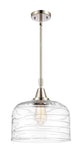 447-1S-PN-G713-L Stem Hung 12" Polished Nickel Mini Pendant - Clear Deco Swirl X-Large Bell Glass - LED Bulb - Dimmensions: 12 x 12 x 14.125<br>Minimum Height : 17.125<br>Maximum Height : 47.125 - Sloped Ceiling Compatible: Yes