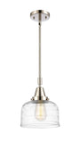 447-1S-PN-G713 Stem Hung 8" Polished Nickel Mini Pendant - Clear Deco Swirl Large Bell Glass - LED Bulb - Dimmensions: 8 x 8 x 11.125<br>Minimum Height : 14.125<br>Maximum Height : 44.125 - Sloped Ceiling Compatible: Yes