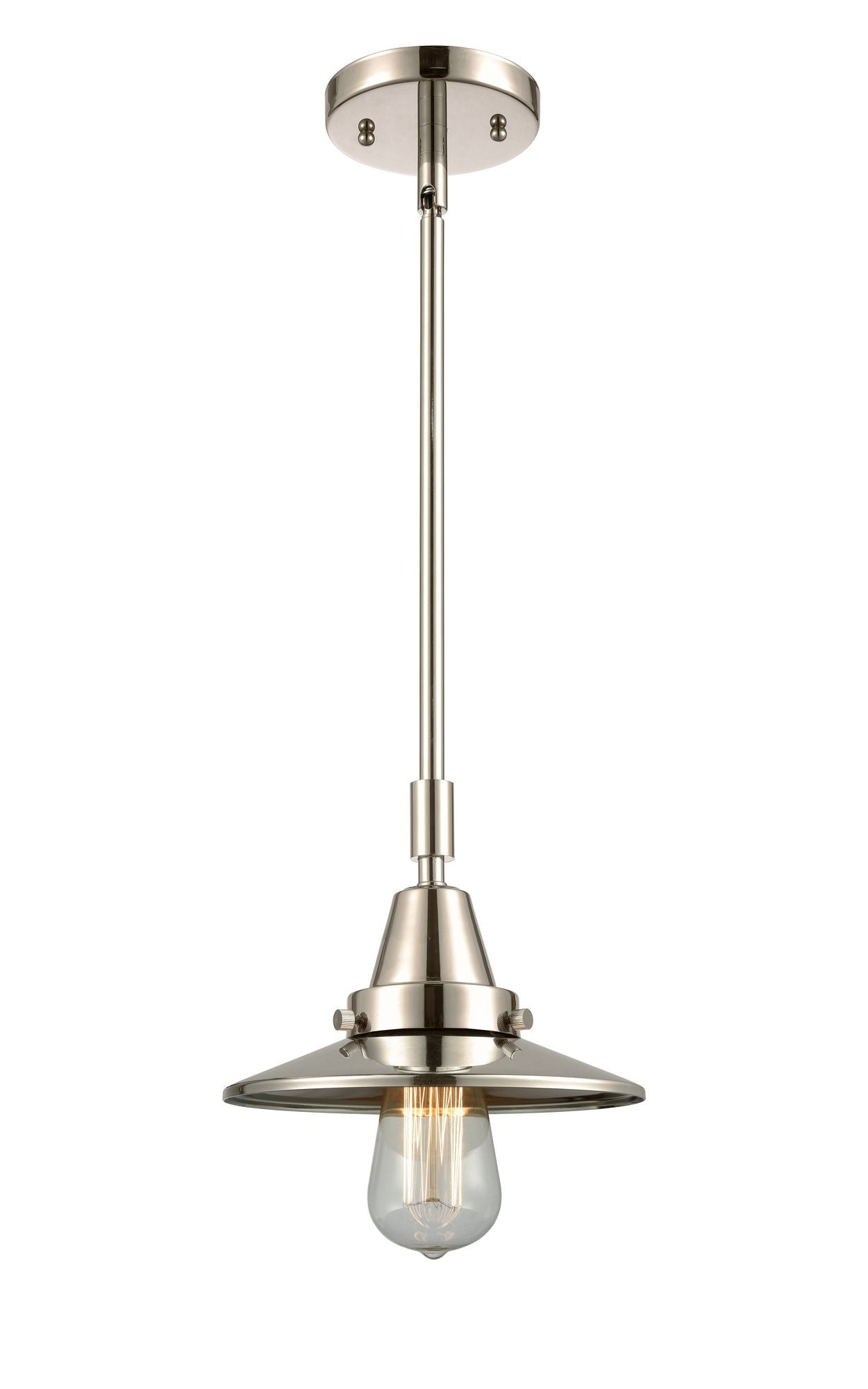 447-1S-PN-M1 Stem Hung 8" Polished Nickel Mini Pendant - Polished Nickel Railroad Shade - LED Bulb - Dimmensions: 8 x 8 x 9.125<br>Minimum Height : 12.125<br>Maximum Height : 42.125 - Sloped Ceiling Compatible: Yes