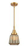 447-1S-SG-G146 Stem Hung 7" Satin Gold Mini Pendant - Mercury Plated Chatham Glass - LED Bulb - Dimmensions: 7 x 7 x 9.125<br>Minimum Height : 12.125<br>Maximum Height : 42.125 - Sloped Ceiling Compatible: Yes
