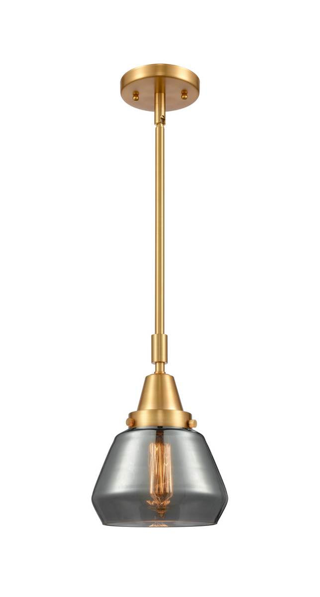447-1S-SG-G173 Stem Hung 7" Satin Gold Mini Pendant - Plated Smoke Fulton Glass - LED Bulb - Dimmensions: 7 x 7 x 10.125<br>Minimum Height : 13.125<br>Maximum Height : 43.125 - Sloped Ceiling Compatible: Yes