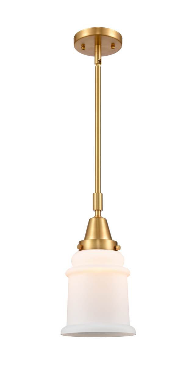 447-1S-SG-G181 Stem Hung 6.5" Satin Gold Mini Pendant - Matte White Canton Glass - LED Bulb - Dimmensions: 6.5 x 6.5 x 11.125<br>Minimum Height : 14.125<br>Maximum Height : 44.125 - Sloped Ceiling Compatible: Yes