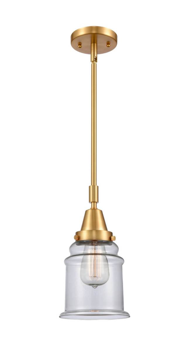 447-1S-SG-G182 Stem Hung 6.5" Satin Gold Mini Pendant - Clear Canton Glass - LED Bulb - Dimmensions: 6.5 x 6.5 x 11.125<br>Minimum Height : 14.125<br>Maximum Height : 44.125 - Sloped Ceiling Compatible: Yes