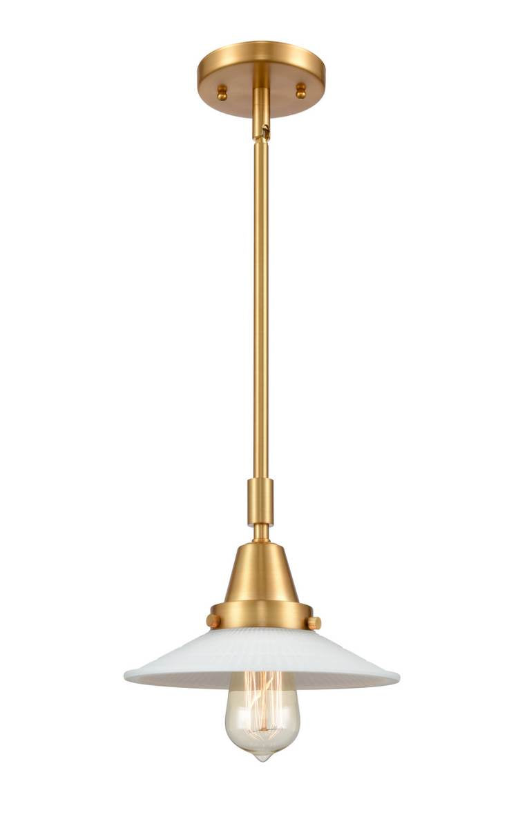 447-1S-SG-G1 Stem Hung 8.5" Satin Gold Mini Pendant - White Halophane Glass - LED Bulb - Dimmensions: 8.5 x 8.5 x 9.125<br>Minimum Height : 12.125<br>Maximum Height : 42.125 - Sloped Ceiling Compatible: Yes
