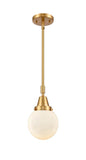 447-1S-SG-G201-6 Stem Hung 6" Satin Gold Mini Pendant - Matte White Cased Beacon Glass - LED Bulb - Dimmensions: 6 x 6 x 10.625<br>Minimum Height : 13.625<br>Maximum Height : 43.625 - Sloped Ceiling Compatible: Yes