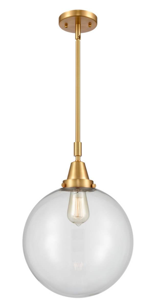 447-1S-SG-G202-12 Stem Hung 12" Satin Gold Mini Pendant - Clear Beacon Glass - LED Bulb - Dimmensions: 12 x 12 x 16.125<br>Minimum Height : 19.125<br>Maximum Height : 49.125 - Sloped Ceiling Compatible: Yes