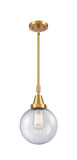 447-1S-SG-G204-8 Stem Hung 8" Satin Gold Mini Pendant - Seedy Beacon Glass - LED Bulb - Dimmensions: 8 x 8 x 12.625<br>Minimum Height : 15.625<br>Maximum Height : 45.625 - Sloped Ceiling Compatible: Yes