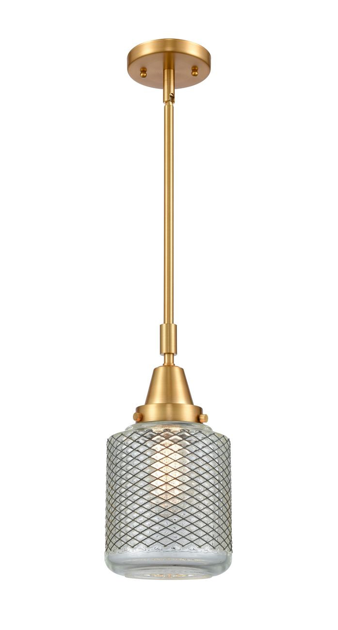 Stem Hung 6" Satin Gold Mini Pendant - Vintage Wire Mesh Stanton Glass - LED Bulb Included