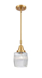 447-1S-SG-G302 Stem Hung 5.5" Satin Gold Mini Pendant - Thick Clear Halophane Colton Glass - LED Bulb - Dimmensions: 5.5 x 5.5 x 9.625<br>Minimum Height : 12.625<br>Maximum Height : 42.625 - Sloped Ceiling Compatible: Yes