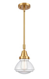 447-1S-SG-G322 Stem Hung 6.75" Satin Gold Mini Pendant - Clear Olean Glass - LED Bulb - Dimmensions: 6.75 x 6.75 x 8.875<br>Minimum Height : 11.875<br>Maximum Height : 41.875 - Sloped Ceiling Compatible: Yes