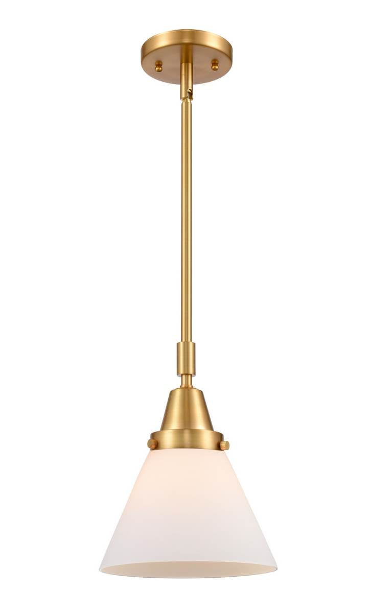 447-1S-SG-G41 Stem Hung 8" Satin Gold Mini Pendant - Matte White Cased Large Cone Glass - LED Bulb - Dimmensions: 8 x 8 x 11.125<br>Minimum Height : 14.125<br>Maximum Height : 44.125 - Sloped Ceiling Compatible: Yes