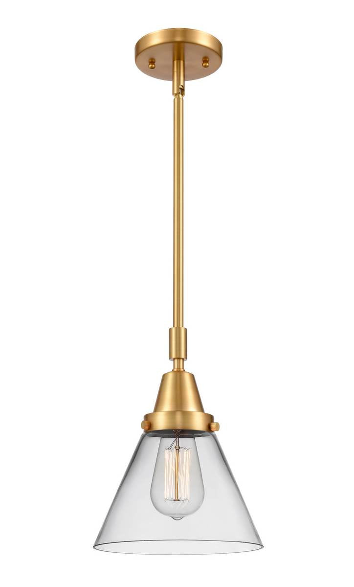 447-1S-SG-G42 Stem Hung 8" Satin Gold Mini Pendant - Clear Large Cone Glass - LED Bulb - Dimmensions: 8 x 8 x 11.125<br>Minimum Height : 14.125<br>Maximum Height : 44.125 - Sloped Ceiling Compatible: Yes