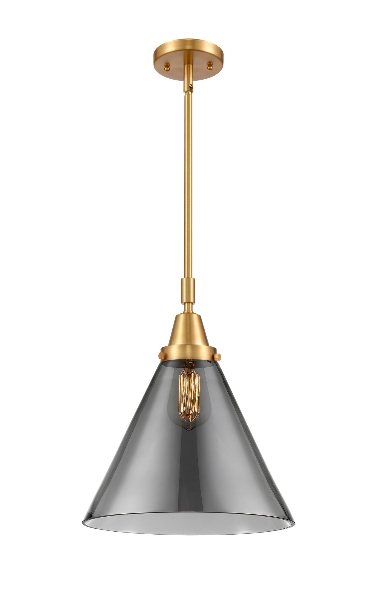 447-1S-SG-G43-L Stem Hung 12" Satin Gold Mini Pendant - Plated Smoke Cone 12" Glass - LED Bulb - Dimmensions: 12 x 12 x 17.125<br>Minimum Height : 20.125<br>Maximum Height : 50.125 - Sloped Ceiling Compatible: Yes