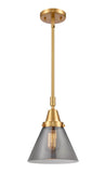 447-1S-SG-G43 Stem Hung 8" Satin Gold Mini Pendant - Plated Smoke Large Cone Glass - LED Bulb - Dimmensions: 8 x 8 x 11.125<br>Minimum Height : 14.125<br>Maximum Height : 44.125 - Sloped Ceiling Compatible: Yes