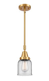 447-1S-SG-G52 Stem Hung 5" Satin Gold Mini Pendant - Clear Small Bell Glass - LED Bulb - Dimmensions: 5 x 5 x 11.125<br>Minimum Height : 14.125<br>Maximum Height : 44.125 - Sloped Ceiling Compatible: Yes