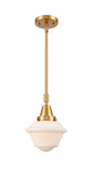 447-1S-SG-G531 Stem Hung 7.5" Satin Gold Mini Pendant - Matte White Cased Small Oxford Glass - LED Bulb - Dimmensions: 7.5 x 7.5 x 9.125<br>Minimum Height : 12.125<br>Maximum Height : 42.125 - Sloped Ceiling Compatible: Yes