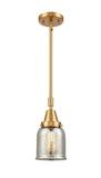 447-1S-SG-G58 Stem Hung 5" Satin Gold Mini Pendant - Silver Plated Mercury Small Bell Glass - LED Bulb - Dimmensions: 5 x 5 x 11.125<br>Minimum Height : 14.125<br>Maximum Height : 44.125 - Sloped Ceiling Compatible: Yes