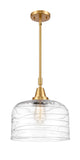 447-1S-SG-G713-L Stem Hung 12" Satin Gold Mini Pendant - Clear Deco Swirl X-Large Bell Glass - LED Bulb - Dimmensions: 12 x 12 x 14.125<br>Minimum Height : 17.125<br>Maximum Height : 47.125 - Sloped Ceiling Compatible: Yes