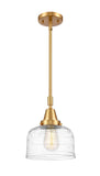 447-1S-SG-G713 Stem Hung 8" Satin Gold Mini Pendant - Clear Deco Swirl Large Bell Glass - LED Bulb - Dimmensions: 8 x 8 x 11.125<br>Minimum Height : 14.125<br>Maximum Height : 44.125 - Sloped Ceiling Compatible: Yes