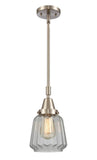 447-1S-SN-G142 Stem Hung 7" Brushed Satin Nickel Mini Pendant - Clear Chatham Glass - LED Bulb - Dimmensions: 7 x 7 x 9.125<br>Minimum Height : 12.125<br>Maximum Height : 42.125 - Sloped Ceiling Compatible: Yes