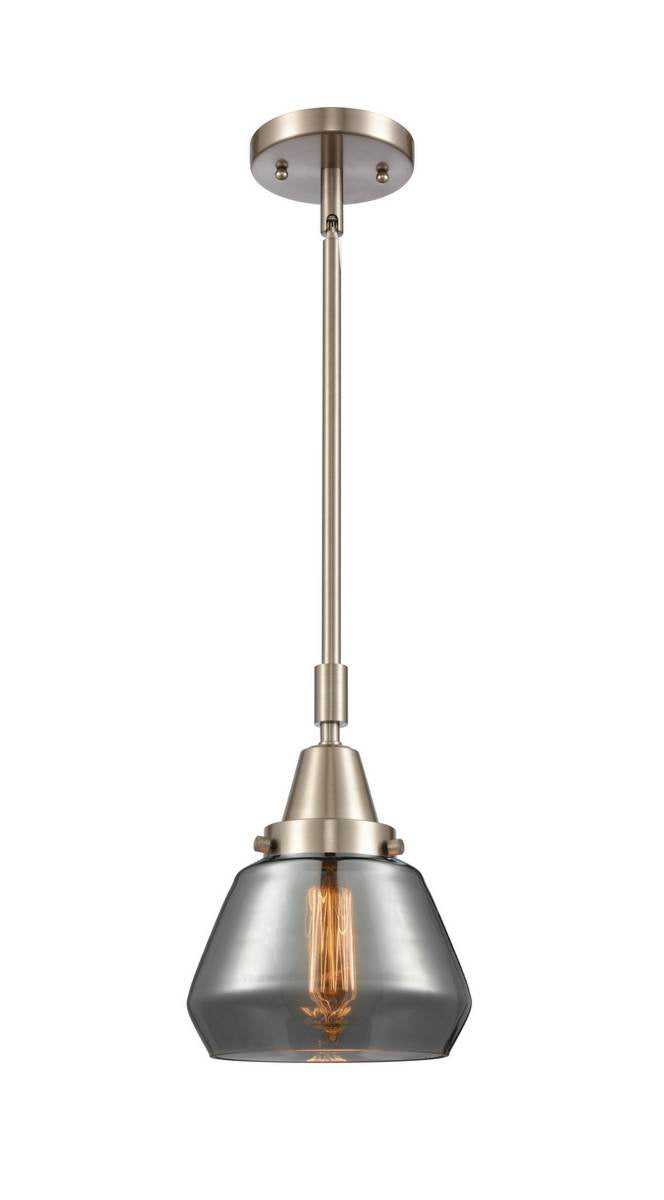 447-1S-SN-G173 Stem Hung 7" Brushed Satin Nickel Mini Pendant - Plated Smoke Fulton Glass - LED Bulb - Dimmensions: 7 x 7 x 10.125<br>Minimum Height : 13.125<br>Maximum Height : 43.125 - Sloped Ceiling Compatible: Yes