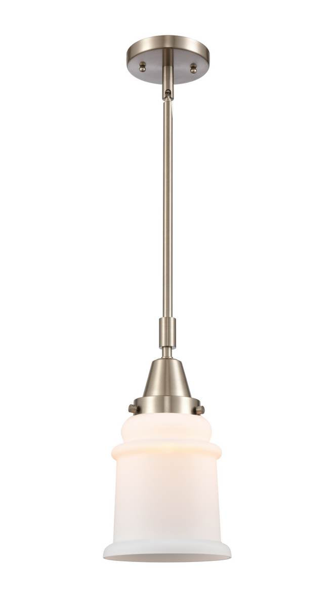 447-1S-SN-G181 Stem Hung 6.5" Brushed Satin Nickel Mini Pendant - Matte White Canton Glass - LED Bulb - Dimmensions: 6.5 x 6.5 x 11.125<br>Minimum Height : 14.125<br>Maximum Height : 44.125 - Sloped Ceiling Compatible: Yes
