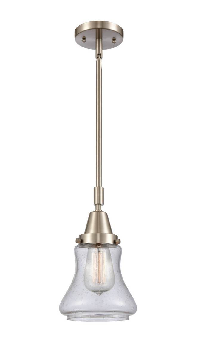 447-1S-SN-G194 Stem Hung 6.5" Brushed Satin Nickel Mini Pendant - Seedy Bellmont Glass - LED Bulb - Dimmensions: 6.5 x 6.5 x 11.125<br>Minimum Height : 14.125<br>Maximum Height : 44.125 - Sloped Ceiling Compatible: Yes