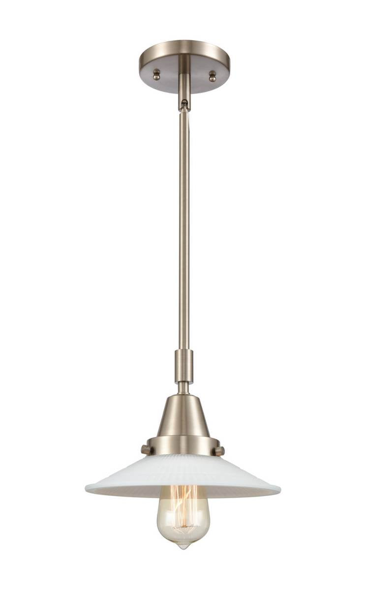 447-1S-SN-G1 Stem Hung 8.5" Brushed Satin Nickel Mini Pendant - White Halophane Glass - LED Bulb - Dimmensions: 8.5 x 8.5 x 9.125<br>Minimum Height : 12.125<br>Maximum Height : 42.125 - Sloped Ceiling Compatible: Yes