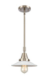 447-1S-SN-G1 Stem Hung 8.5" Brushed Satin Nickel Mini Pendant - White Halophane Glass - LED Bulb - Dimmensions: 8.5 x 8.5 x 9.125<br>Minimum Height : 12.125<br>Maximum Height : 42.125 - Sloped Ceiling Compatible: Yes