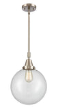 447-1S-SN-G202-10 Stem Hung 10" Brushed Satin Nickel Mini Pendant - Clear Beacon Glass - LED Bulb - Dimmensions: 10 x 10 x 14.125<br>Minimum Height : 17.125<br>Maximum Height : 47.125 - Sloped Ceiling Compatible: Yes