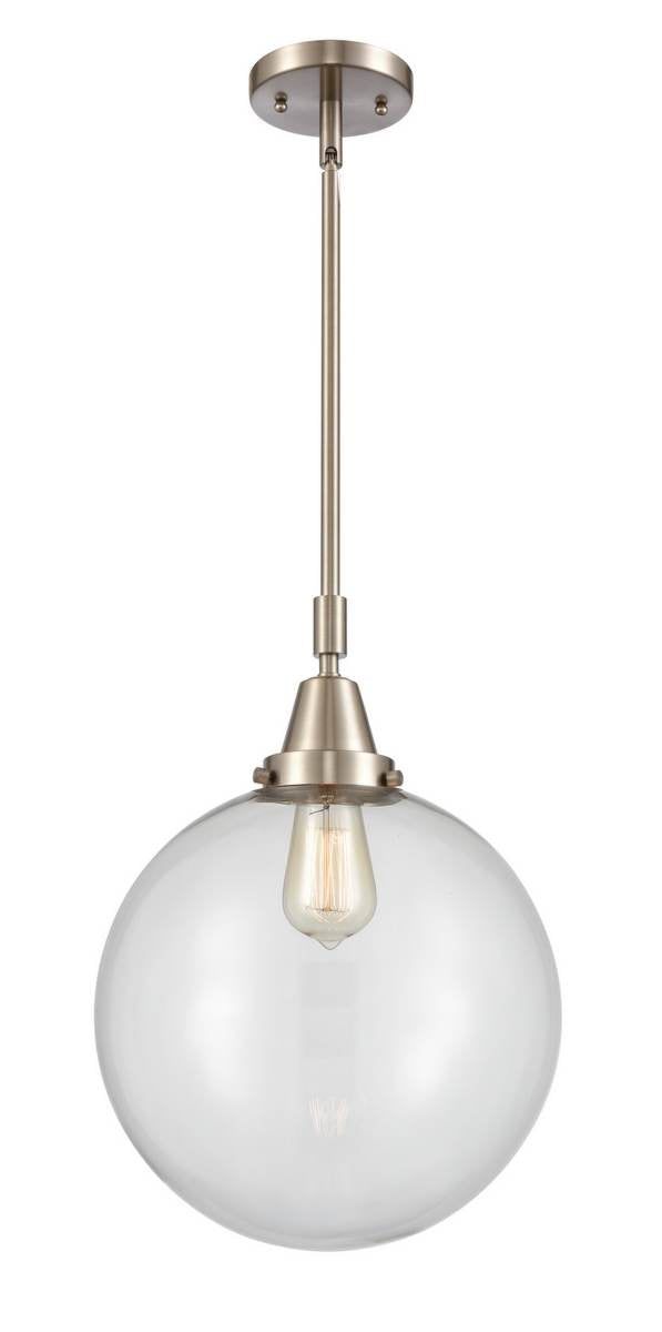 447-1S-SN-G202-12 Stem Hung 12" Brushed Satin Nickel Mini Pendant - Clear Beacon Glass - LED Bulb - Dimmensions: 12 x 12 x 16.125<br>Minimum Height : 19.125<br>Maximum Height : 49.125 - Sloped Ceiling Compatible: Yes