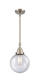 447-1S-SN-G204-8 Stem Hung 8" Brushed Satin Nickel Mini Pendant - Seedy Beacon Glass - LED Bulb - Dimmensions: 8 x 8 x 12.625<br>Minimum Height : 15.625<br>Maximum Height : 45.625 - Sloped Ceiling Compatible: Yes