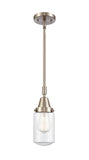 447-1S-SN-G312 Stem Hung 4.5" Brushed Satin Nickel Mini Pendant - Clear Dover Glass - LED Bulb - Dimmensions: 4.5 x 4.5 x 11.375<br>Minimum Height : 14.375<br>Maximum Height : 44.375 - Sloped Ceiling Compatible: Yes