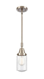 447-1S-SN-G314 Stem Hung 4.5" Brushed Satin Nickel Mini Pendant - Seedy Dover Glass - LED Bulb - Dimmensions: 4.5 x 4.5 x 11.375<br>Minimum Height : 14.375<br>Maximum Height : 44.375 - Sloped Ceiling Compatible: Yes